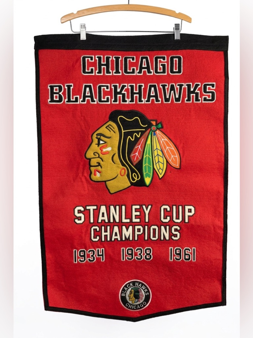 Vintage Chicago Blackhawks Wool Banner Stanley Cup Champs 1934 1938 1961 NHL Fan